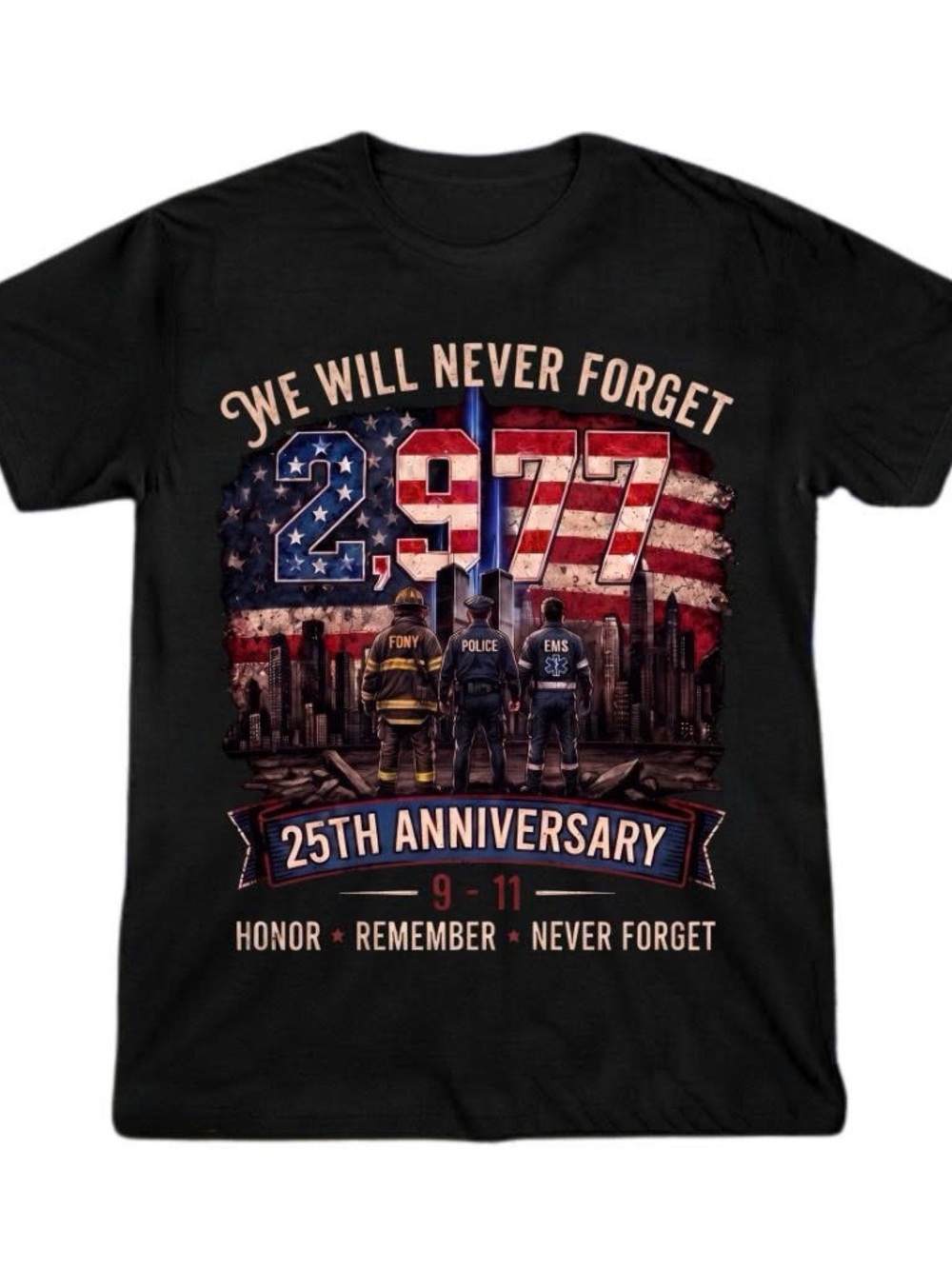 9-11 25th Anniversary 'We Will Never Forget' Black Graphic Tee